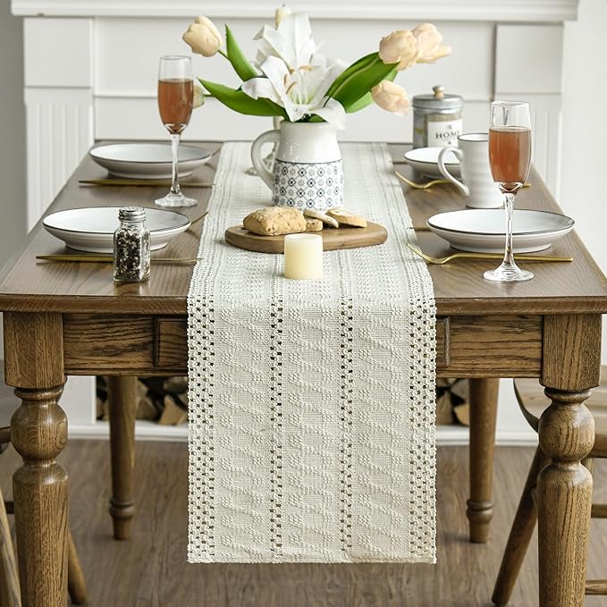 Artoid Mode Beige Farmhouse Woven Rustic Hollow Table Runner, Seasonal Holiday Hollow Kitchen Dining Table Decoration for Home Party Decor 12x120 Inch