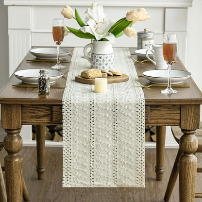 Artoid Mode Beige Farmhouse Woven Rustic Hollow Table Runner, Seasonal Holiday Hollow Kitchen Dining Table Decoration for Home Party Decor 12x48 Inch