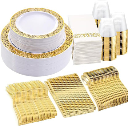 WELLIFE 350Pcs Gold Dinnerware Sets, Plates and Napkins Party Supplies Include:50 Dinner Plates, 50 Dessert Plates, 50 Paper Napkins, 50 Cups, 50 Gold Plastic Cutlery Set