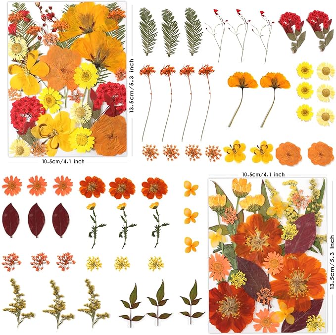 120 Pcs Dried Pressed Flowers for Crafts, Real Natural Flowers in Vibrant Yellow, Orange & Red Tones for Resin, DIY Art, Jewelry, Scrapbooking & Candle Making – Tweezers Included