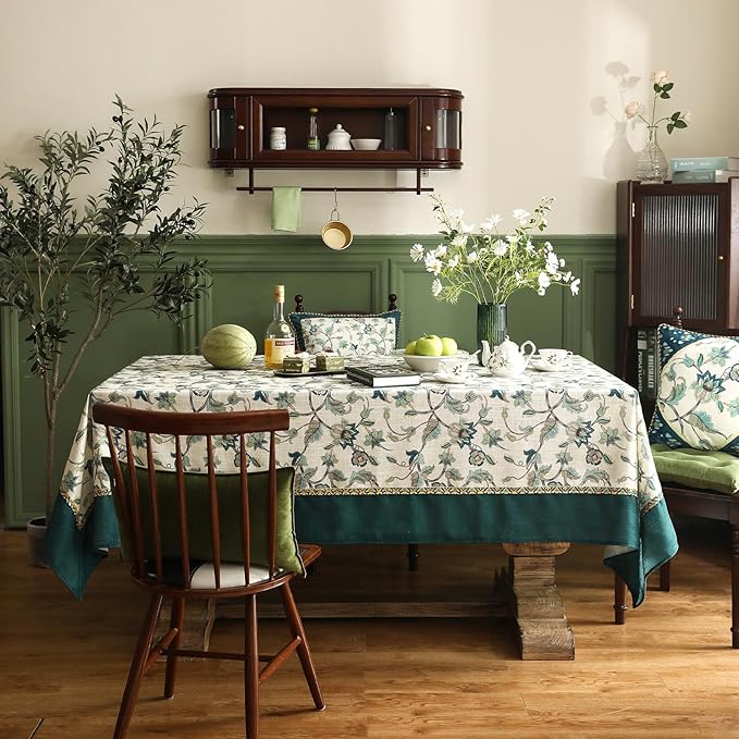 patdrea Designer Green Small Linen Table Cloth for Rectangle Table,Vintage Floral Pattern Durable Tablecloth,French Cover Decor for Kitchen Dining,Christmas,Thanksgiving,Tea Party,55"x71"-Noah