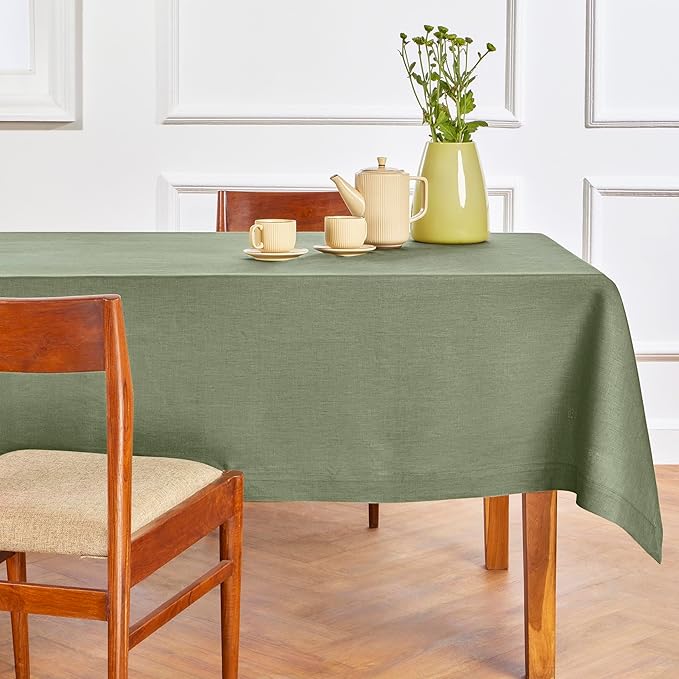 Solino Home Linen Tablecloth 60 x 90 Inch - 100% Pure Linen Oil Green Table Cloth for Rectangle Tables - Fete, Machine Washable Tablecloth for Fall, Autumn, Thanksgiving, Christmas