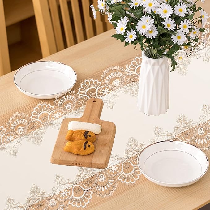 Vintage Lace Dining Table Runner, 120 Inches Floral Coffee Table Runners for Kitchen Home Christmas Party Decorations (16x120 inch, Off White)