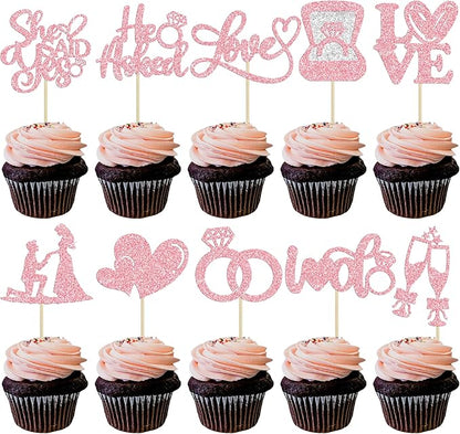 Ephlyn 30Pcs He Asked She Said Yes Cupcake Toppers Glitter Engagement Cupcake Toppers Diamond Ring Heart Love I Do Cupcake Picks for Engagement Wedding Party Cake Decorations Pink