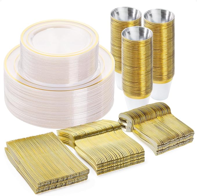 BESTVIP 300PCS Plastic Dinnerware Set (50 Guests), Clear Gold Disposable Plates for Party, Wedding, Christmas, Anniversary, Includes: Dinner Plates, Dessert Plates, Cups, Spoons, Forks and Knives