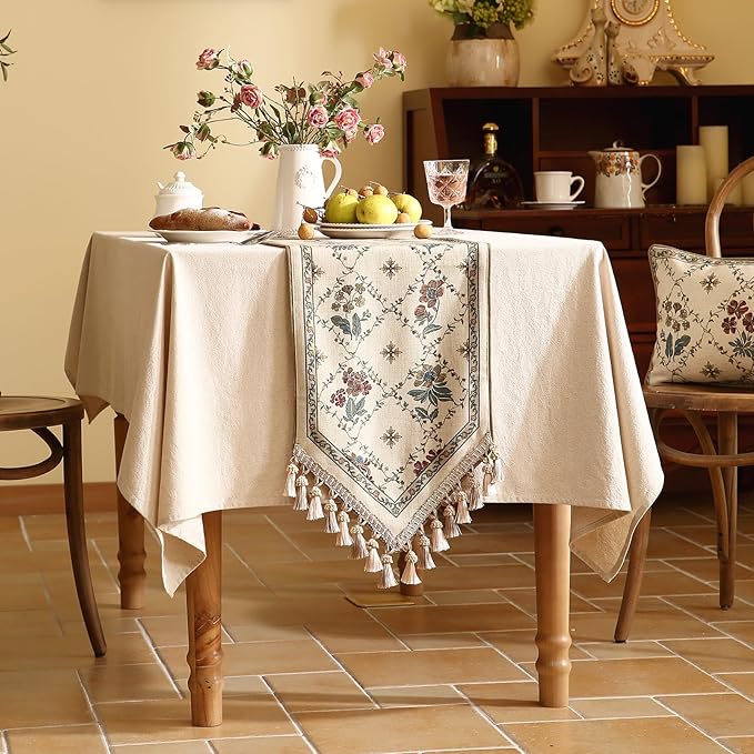 patdrea Designer Vintage Floral Linen Table Runner 102 Inch Long,Beige Cottage Rustic Bouquets Pattern Table Mat,Decor for Kitchen Dining Table Coffee Table Cabinet Banquet Christmas ,12"*102"