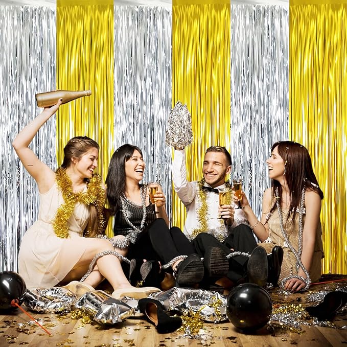GOER 3.2 ft x 8.2 ft Metallic Tinsel Foil Fringe Curtains Party Backdrop Party Streamers for Birthday,Graduation,New Year Eve Decorations Wedding Decor (4 Pcs,Gold&Silver)