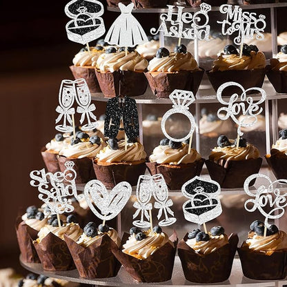 Gyufise 30Pcs She Said Yes Cupcake Toppers Glitter Diamond Ring I Do Love Cupcake Picks Miss to Mrs He Asked Bridal Shower Wedding Engagement Bachelorette Cake Decoration Silver