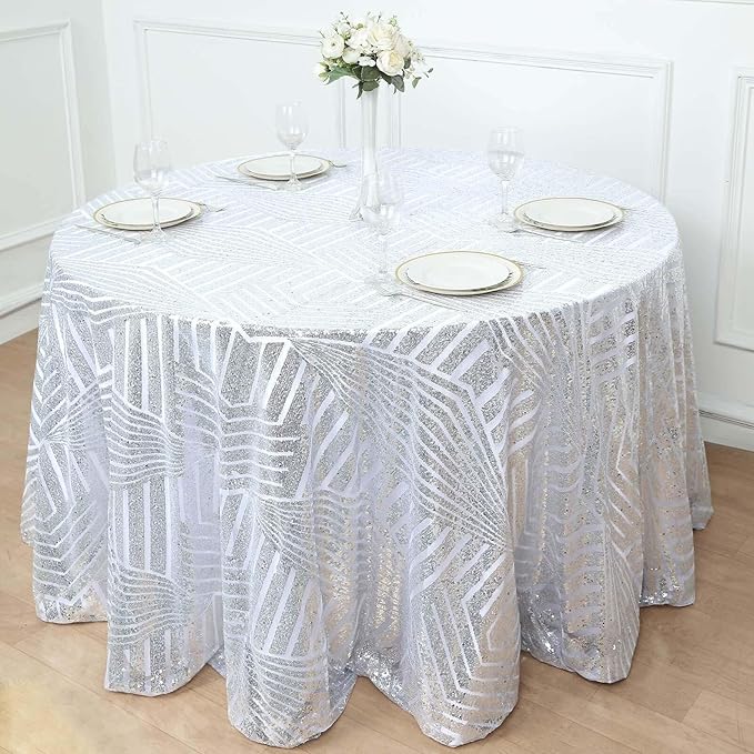 Efavormart 120" Silver Sparkly Sequin Geometric Tulle Round Tablecloth