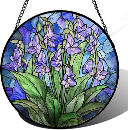 Stained Glass Suncatcher, Blue Purple Flowers Green Leaves Sun Catcher Plants Stain Glass Window Hanging Decoration Mother's Day Birthday Gifts for Women Men Mom and Nana 7.8 in