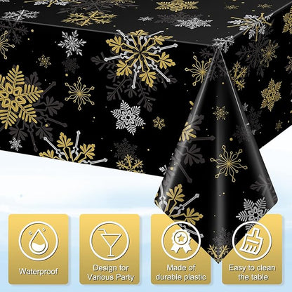 3Pcs Christmas Snowflake Party Tablecloths Decorations,Plastic Black and Gold Table Cloth,Winter Rectangle Table Cover for Christmas New Year Birthday Baby Shower Holiday Party Decorations,54x108 inch