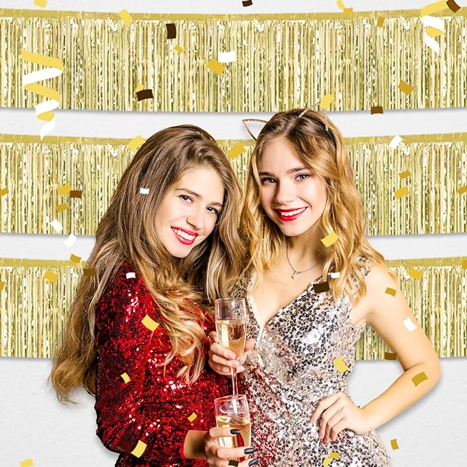 6 Pack 10 Feet Light Gold Foil Fringe Garland Metallic Tinsel Streamers Banner Wall Hanging Curtain Backdrop for Parade Floats, Birthday, Graduate, Mother's Day, Wedding Party Decoration