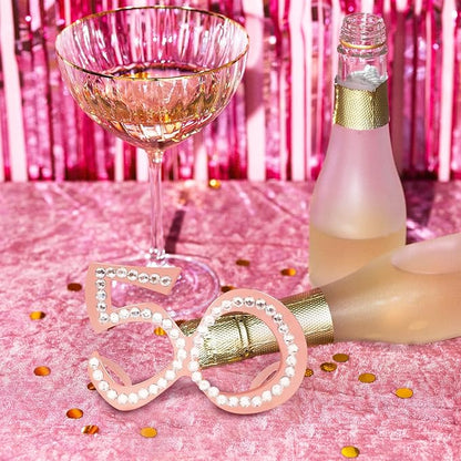 50th Birthday Glasses - 6 Pairs Rose Gold 50 Years Old Glasses with Rhinestones, Funny Plastic Costume Photo Booth Prop