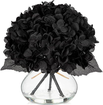 Hollyone Hydrangea Fall Flowers Artificial for Decoration with Glass Vase Black Silk Faux Flowers Arrangements in Vase with Faux Water Fake Floral Bouquet Table Centerpiece Fall Decorations for Home