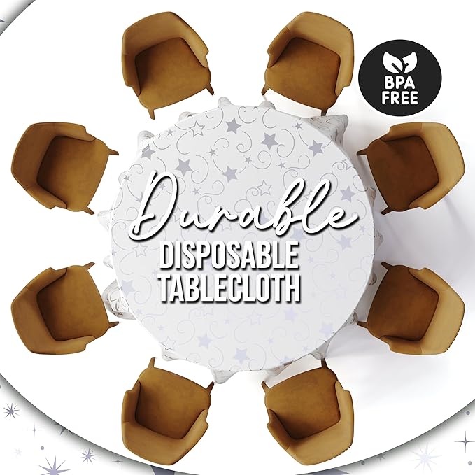 Exquisite Silver Star Tablecloth Plastic 12-Pack Disposable Round Tablecloths 84" Silver Star Table Cloths Round Table Covers Plastic Tablecloth for Party Decorations