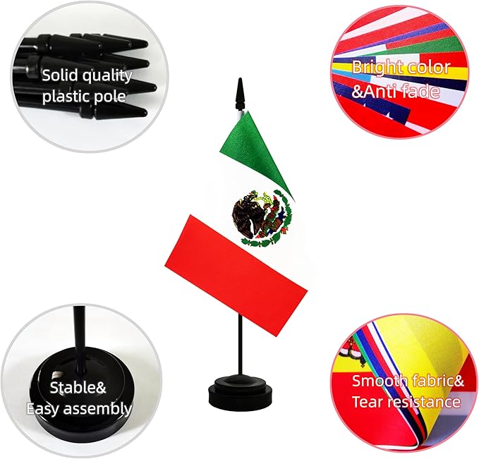 2 Pack Mexico Desk Flag, Mexican Table Office Flag with Solid Pole and Stand Base, International Country Flag, Festival Celebration, Classroom Meeting Desktop Decoration (Mexico)