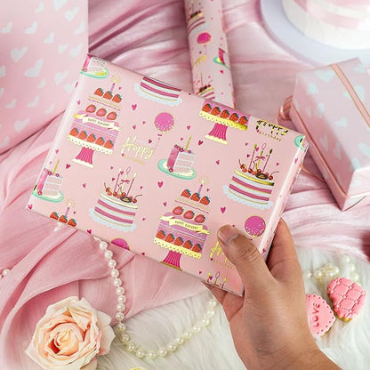 Yarcony Girls Birthday Wrapping Paper Roll, Pink Gift Wrapping Paper,Metallic Foil Pink Cartoon-Style Birthday Cakes Gift Wrap for Kid Party,Baby Shower,Wedding, Holiday,Christmas(17 Inch X 33 Feet)