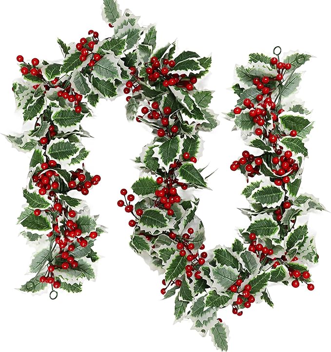 MAKHOT 6Ft Eucalyptus Garland, Green Leaves Wreath Vines Garlands Decorations, Artificial Red Berry Garland for Fireplace Gate Mantle Table Home Party Decor