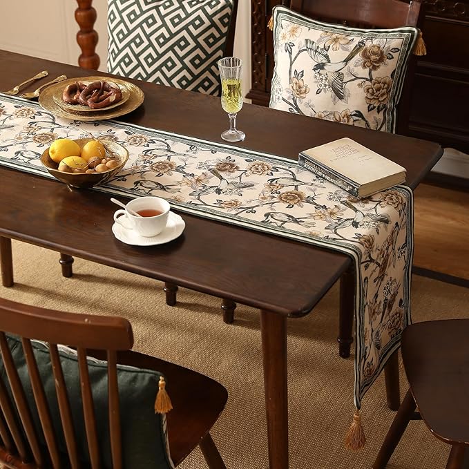 ISAENNE Designer Vintage Beige Linen Table Runner 71 Inches Long,Elegant Floral and Bird Pattern Decor Table Runners for Dining Tables,Thanksgiving,Christmas,Banquet,Party,12"*71"-Murad A
