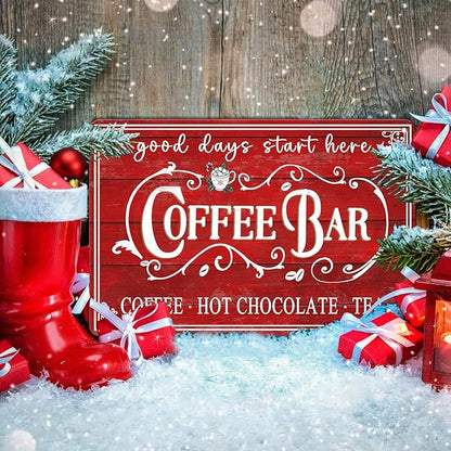 Vintage Christmas Coffee Bar Tin Sign - Kitchen Decor, Tea Bar Accessories, Hot Chocolate Station - 8x12Inch
