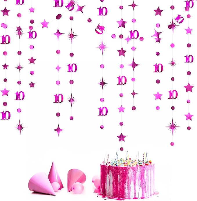 Hot Pink 10th Birthday Decorations Number 10 Circle Dot Twinkle Star Garland Metallic Hanging Streamer Banner Backdrop for Girls Double Digits Ten Year Old Birthday 10th Anniversary Party Supplies