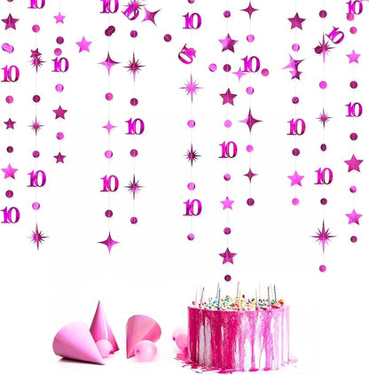 Hot Pink 10th Birthday Decorations Number 10 Circle Dot Twinkle Star Garland Metallic Hanging Streamer Banner Backdrop for Girls Double Digits Ten Year Old Birthday 10th Anniversary Party Supplies