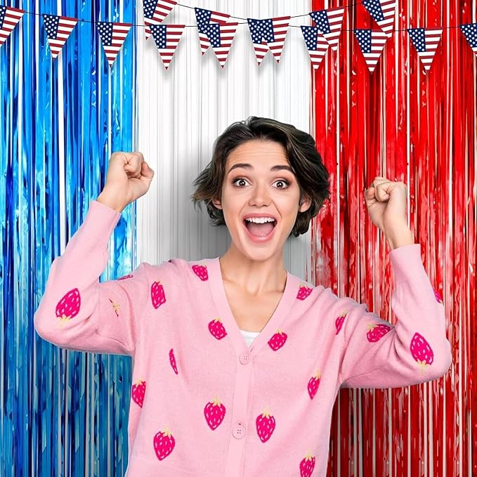 2 Pack Red White and Blue Tinsel Foil Fringe Curtains, 4th of July Decorations, Metallic Tinsel Party Streamers Backdrop for Patriotic, Memorial Day, Independence Day Party Decorations