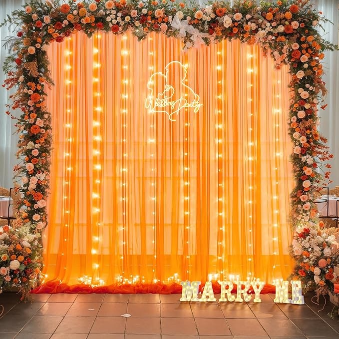 Orange Tulle Backdrop Curtain with Lights String for Parites 10x10ft Sheer Backdrop Curtains Drapes for Birthday Party Baby Shower Wedding Ceremony Prom Halloween Photo Booth Background Decorations