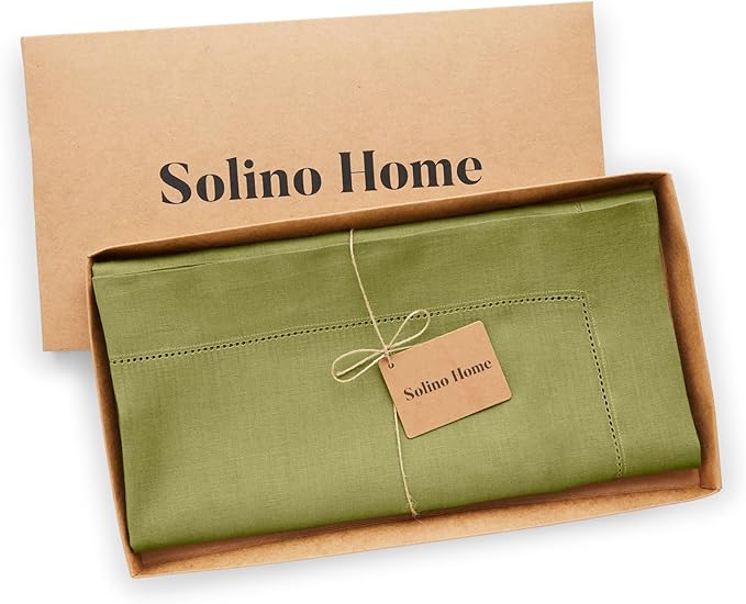Solino Home Avocado Green Linen Tablecloth 52 x 52 Inch - 100% Pure Linen Square Table Throw - Classic Hemstitch, Machine Washable Table Cloth for Fall, Autumn, Thanksgiving