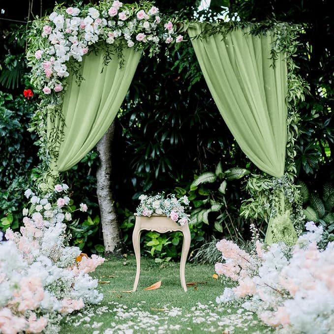 VOK Sage Green Wedding Arch Draping Fabric 29in x 18Ft 4 Panels Sheer Chiffon Curtain Drapes Extra Long for Outdoor Wedding Ceremony Birthday Party Decoration