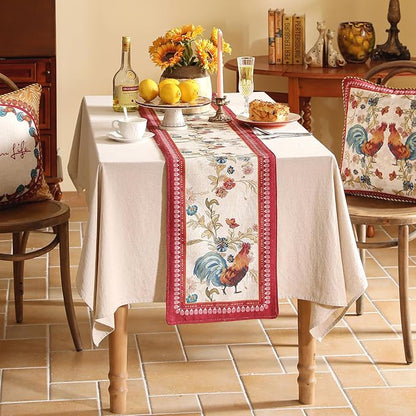 patdrea Designer Farmhouse Linen Extra Long Table Runner,Rustic Cottage Mauve with Rooster and Floral Pattern Fabric Table Mat,Decoration for Kitchen Dining Christmas New Year Banquet, 12"*118"