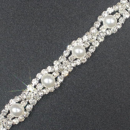 PEARLY JUN 1 Yard Pearl Rhinestone Trim Chain Silver Crystal Fringe Diamond Applique Ribbon String Tassel Strip for Sewing Wedding Dress Crafting Crafts Flower Embellishments