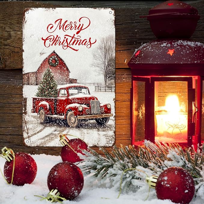 Vintage Christmas Red Truck Tin Sign Merry Christmas Truck Christmas Tree Metal Tin Sign Winter Rustic House Yard Xmas Pickup Holiday Wall Decorations Tin Sign 8x12Inch