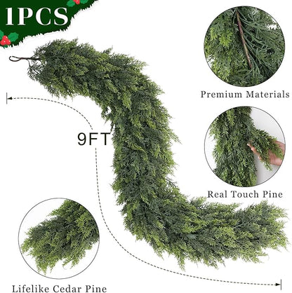 Real Touch Cedar Garland - Artificial Christmas Garlands Faux Green Cedar Fake Pine Needles Garland for Fireplace,Table, Stairs, Mantle, Window,Indoor Outdoor,Home,Holiday Decor(1 PCS,9 FT)