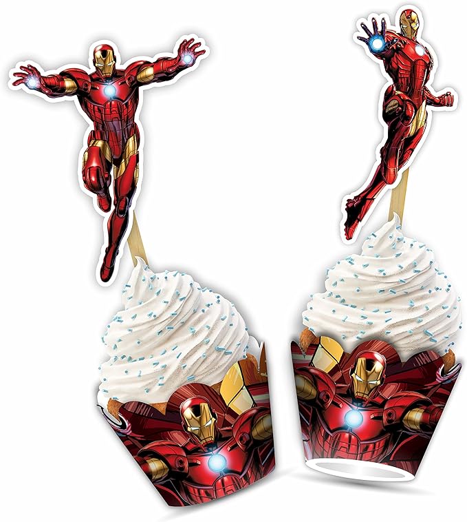 "Irn Man Cupcake Wrapper – Theme Birthday Party Supplies – Cartoon Inspired Cupcake Decoration Wraps for Birthday, Baby Shower, School Events, and Themed Parties"
