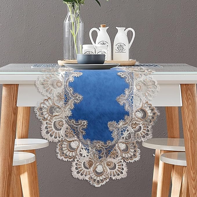 Vintage Lace Dining Table Runner, 120 Inches Floral Coffee Table Runners for Kitchen Home Christmas Party Decorations (16x120 inch, Blue)