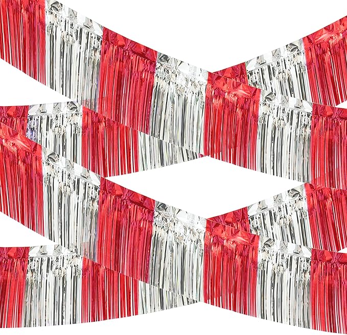 4 Pack 10 Feet Red Silver Foil Fringe Garland Metallic Tinsel Streamers Banner Fringe Curtain Banner for Parade Floats Wedding Graduation Homecoming Carnival Birthday Party Decorations (Red Silver)…