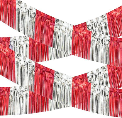 4 Pack 10 Feet Red Silver Foil Fringe Garland Metallic Tinsel Streamers Banner Fringe Curtain Banner for Parade Floats Wedding Graduation Homecoming Carnival Birthday Party Decorations (Red Silver)…
