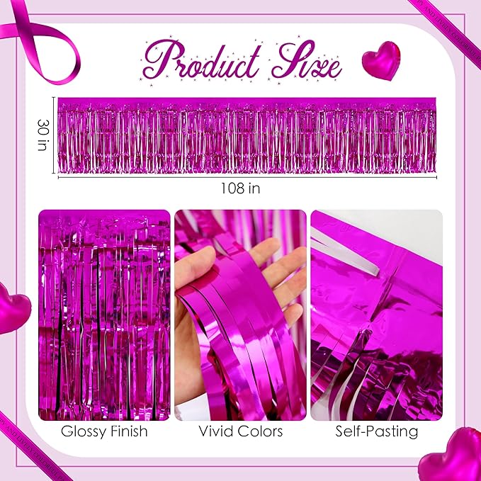 2 Pack Rose Red Table Skirts, 29x108" Metallic Foil Tinsel Fringe Table Skirts for Rectangle Tables Streamer Curtains Backdrop, Party Decorations for Birthdays Weddings Holidays