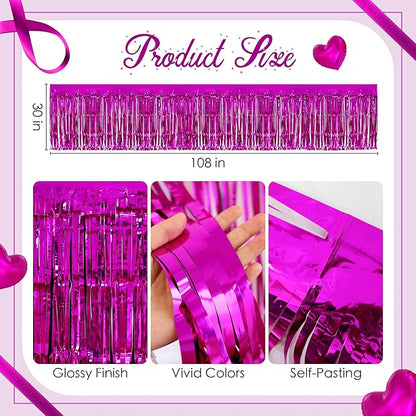 2 Pack Rose Red Table Skirts, 29x108" Metallic Foil Tinsel Fringe Table Skirts for Rectangle Tables Streamer Curtains Backdrop, Party Decorations for Birthdays Weddings Holidays
