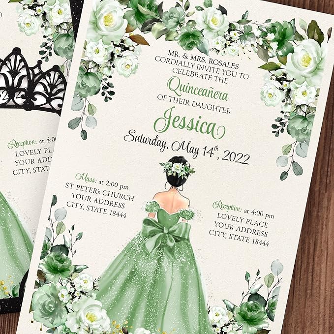 50Pcs Sage Green Crown Invitations for Quinceanera, 15 year, Sweet 16, Miss XV, Birthday Laser Cut Quince Invitation Cards Personalized Pearlized Black