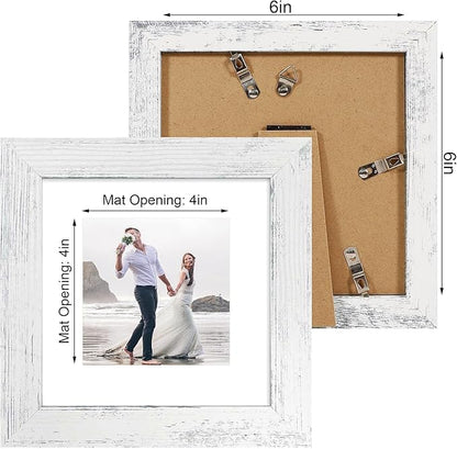 6x6 Picture Frame Set of 4 with High Definition Glass, Distressed White Frames Display 4x4 Picture with Mat or 6 x 6 Without Mat, Wood Square Photo Frame for Wall Mount and Tabletop Display