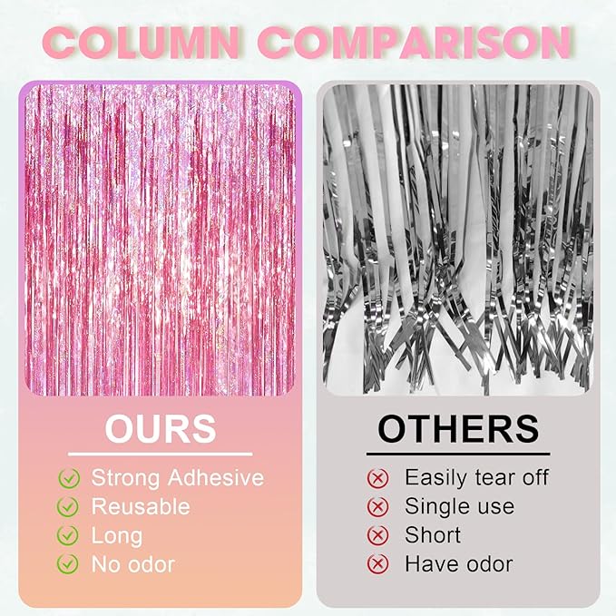 2 Pack Laser Pink Tinsel Foil Fringe Curtains, Mothers Day Pink Decorations, Metallic Tinsel Party Streamers Backdrop for Birthday Bachelorette Graduation Wedding Party Decorations