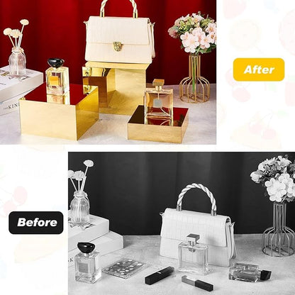 Leinuosen 7 Pcs Large Buffet Risers Set 6" to 12" Acrylic Display Box Catering Dessert Table Riser Food Display Decorative Stand with Hollow Bottom for Catering Supplies(Gold, Square)