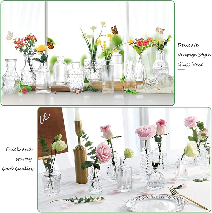 Glass Bud Vases -Set of 20 for Flowers, Small Clear Bud Vases in Bulk for Centerpieces Home Decor, Mini Glass Assorted for Rustic Wedding Floral Arrangements Home Table Decorations