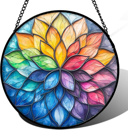 Stained Glass Window Hanging, Colorful Flower Petals Sun Catchers Diamond Glass Panel Hangings Suncatcher Decor for Birthday for Women, Men, Wife, Aunt, and Mom 14.9x14.9 in