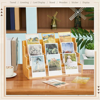 3 Tier Greeting Card Display Stand Wood Color Bamboo and Acrylic Sticker Display Stand Trading Card Holder Retail Photos Shelf for Vendors Craft Collection & Show