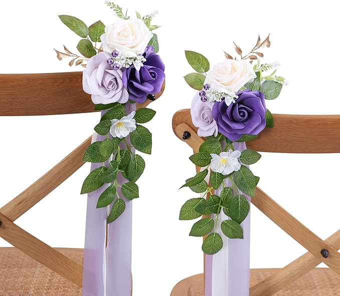 10 Wedding Aisle Decorations for Ceremony - Purple Chair Flowers for Aisle Decor and Church Pew Decorations