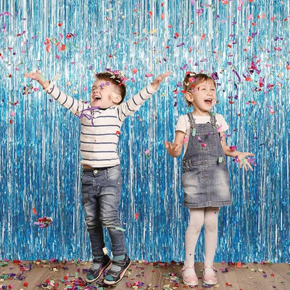 GOER 6.4 ft x 8.2 ft Metallic Tinsel Foil Fringe Curtains,Pack of 2 Party Streamer Backdrop for Birthday,Graduation Decorations and New Year Eve (Light Blue)