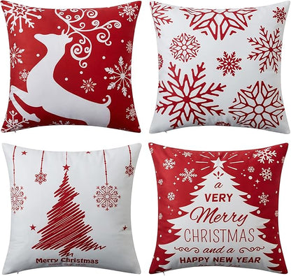 Christmas Pillow Covers 20x20 Set of 4 Farmhouse Christmas Tree Throw Pillow Case Snowflake Reindeer Decoration for Winter Holiday Decor Throw Cushion Case for Home Sofa Couch, Red and White